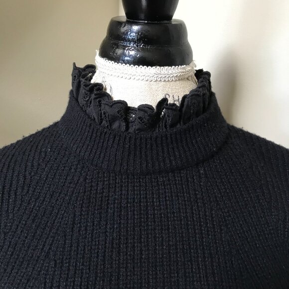 Sea NY Iris Eyelet Sweater Womens Medium Black Long Sleeve Wool Cotton Mock Neck - Picture 6 of 13